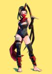  1girl absurdres antenna_hair ap_cammy barefoot black_hair breasts english_commentary full_body highres ibuki_(street_fighter) long_hair mask ninja official_alternate_costume ponytail school_swimsuit solo standing street_fighter street_fighter_v swimsuit thigh-highs yellow_background 