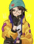  1girl beanie belt black_eyes black_gloves character_name dripizza glasses gloves green_headwear hand_on_own_chin hat jacket killjoy_(valorant) lips long_hair partially_fingerless_gloves round_eyewear simple_background solo upper_body valorant yellow_background yellow_jacket 