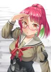  1girl blush eyebrows_visible_through_hair glasses green_hair grey_shirt kantai_collection long_hair long_sleeves mayura2002 multicolored_hair open_mouth pink-framed_eyewear redhead sailor_collar sailor_shirt semi-rimless_eyewear shirt solo ume_(kancolle) upper_body white_sailor_collar yellow_eyes 