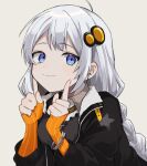  1girl bangs black_jacket blue_eyes bracelet braid breasts dripizza eyebrows_visible_through_hair fingerless_gloves gloves grey_background grey_hair hair_ornament highres jacket jewelry kizuna_akari long_hair looking_at_viewer open_clothes open_jacket orange_gloves sidelocks simple_background solo star_(symbol) twin_braids twintails upper_body vocaloid voiceroid 