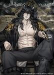  1boy abs animal_ears black_hair black_pants black_robe black_tail character_request commentary_request crown holding korean_commentary long_hair long_sleeves looking_at_viewer male_focus muscular muscular_male open_clothes open_shirt pants pectorals pipe pongdyu_(hbscribble) saibai_shounen scar sitting smoke smoking throne tiger_ears yellow_eyes 