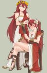  2girls alternate_costume anklet bangs bare_shoulders belt blush bracelet brown_belt chair closed_mouth collarbone commentary commission cordelia_(fire_emblem) crossed_legs dress ebinku english_commentary eyebrows_visible_through_hair fire_emblem fire_emblem_awakening fire_emblem_heroes flower gladiator_sandals hair_between_eyes hair_flower hair_ornament head_wreath highres holding holding_mirror jewelry long_hair mirror mother_and_daughter multiple_girls red_eyes redhead sandals severa_(fire_emblem) sitting sleeveless smile very_long_hair white_dress white_flower yellow_flower 