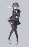  1girl absurdres bangs black_legwear black_skirt carcano_m91/38_(girls&#039;_frontline) closed_mouth clothes_lift eyebrows_visible_through_hair full_body girls_frontline grey_eyes grey_jacket heart heart_print highres jacket katyopunch looking_at_viewer medium_hair object_hug open_clothes open_jacket purple_hair purple_shirt shirt shoes simple_background skirt skirt_lift solo standing thigh-highs toy white_footwear 