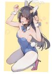  1girl ahoge animal_ears arms_up bangs bare_shoulders black_hair blue_archive blue_bow blue_leotard blue_neckwear blush bow bowtie breasts collar collarbone detached_collar eyebrows_visible_through_hair fake_animal_ears fake_tail hair_ornament halo high_heels highres kneeling leaf leaf_on_head leotard long_hair looking_at_viewer miyu_(blue_archive) open_mouth pantyhose playboy_bunny rabbit_ears rabbit_tail red_eyes seinen small_breasts solo strapless tail white_legwear wrist_cuffs yellow_background 