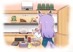  1girl animal_ears blush booth_seating cake chopsticks commentary_request conveyor_belt crepe cup disposable_cup dress food from_behind green_dress heart highres horse_ears horse_girl horse_tail indoors kyou_(fr39) long_hair long_sleeves mejiro_mcqueen_(umamusume) plate purple_hair shirt skirt solo sparkle tail tail_wagging umamusume white_shirt 