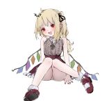  1girl :d ahoge alternate_costume animal_hair_ornament ankle_socks arm_support armpit_crease bangs bare_arms bare_shoulders bat_hair_ornament black_ribbon blonde_hair blush bobby_socks cable_knit contemporary eyebrows_visible_through_hair fang fingernails flandre_scarlet frills full_body hair_ornament hair_ribbon head_tilt high-waist_skirt highres jewelry knees_together_feet_apart knees_up long_hair looking_at_viewer mary_janes miniskirt nail_polish necklace no_hat no_headwear one_side_up open_mouth panties pantyshot pendant petticoat pointy_ears red_eyes red_footwear red_nails red_skirt reddizen ribbon shirt_tucked_in shoe_soles shoes simple_background sitting skirt sleeveless smile socks solo source_request touhou underwear white_background white_legwear white_panties wings 