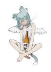  1girl ahoge alcohol alternate_costume angel_wings animal_ear_fluff animal_ears bare_shoulders barefoot blush cat_ears cat_tail closed_eyes crossed_ankles dress drunk facing_viewer feathered_wings full_body hair_rings head_tilt highres kaku_seiga kemonomimi_mode m09_mirage090 shirt simple_background sitting solo tail tears touhou white_background white_dress wings 