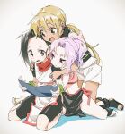  3girls asagao_(kunoichi_tsubaki_no_mune_no_uchi) black_footwear black_hair black_scarf black_shorts blonde_hair blush_stickers brown_eyes crop_top dark-skinned_female dark_skin flask00 full_body gloves green_gloves high_ponytail hug hug_from_behind japanese_clothes kimono kneeling kunoichi_tsubaki_no_mune_no_uchi long_hair looking_at_another midriff multiple_girls navel ninja open_mouth purple_hair red_scarf sandals sazanka_(kunoichi_tsubaki_no_mune_no_uchi) scarf scroll scroll_tube short_kimono short_sleeves shorts simple_background sitting sketch smile toeless_footwear tsubaki_(kunoichi_tsubaki_no_mune_no_uchi) twintails white_kimono 