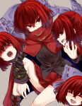  1girl bangs black_shirt blue_bow blush bow breasts buckle cape cloak closed_eyes covered_mouth eyebrows_visible_through_hair hair_bow happy large_bow long_sleeves looking_at_viewer miniskirt red_cloak red_eyes red_skirt redhead ribbon-trimmed_bow sekibanki sharp_teeth shirt short_hair simple_background skirt small_breasts solo teeth thighs touhou youkai zetsumame 