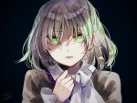  1girl 2022 arm_warmers bangs black_background blonde_hair brown_shirt closed_mouth eyebrows_visible_through_hair eyelashes eyes_visible_through_hair green_eyes hair_between_eyes hand_up looking_at_viewer m_(neteitai10) mizuhashi_parsee pointy_ears scarf shirt short_hair short_sleeves simple_background solo t-shirt touhou upper_body white_scarf 