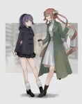  2girls absurdres aqua_eyes arm_behind_back arm_up bag bangs black_footwear bow brown_footwear carcano_m1891_(girls&#039;_frontline) carcano_m91/38_(girls&#039;_frontline) casual closed_mouth coat cup dress eyebrows_visible_through_hair full_body girls_frontline green_coat hair_bow highres holding holding_cup jacket katyopunch long_hair looking_at_another medium_hair multiple_girls open_clothes open_coat orange_hair purple_hair purple_jacket short_ponytail simple_background skirt smile socks standing standing_on_one_leg white_dress 