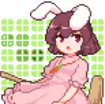  1girl animal_ears bangs brown_eyes brown_hair dress hammer holding holding_hammer inaba_tewi jewelry looking_at_viewer necklace open_mouth pink_dress pixel_art poropo1133 rabbit_ears rabbit_girl short_hair short_sleeves solo touhou white_background 