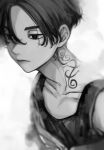  1boy absurdres bangs closed_mouth collarbone empty_eyes greyscale hair_between_eyes highres looking_away male_focus monochrome neck_tattoo pizza_oisii6 sano_manjirou short_hair simple_background solo tank_top tattoo tokyo_revengers upper_body 