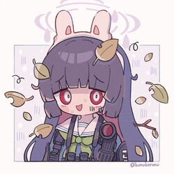  1girl :d bangs black_hair blue_archive blue_shirt blush_stickers branch eyebrows_visible_through_hair green_neckwear halo headgear highres koru_koruno leaf leaf_on_head long_hair looking_at_viewer miyu_(blue_archive) multicolored_hair nervous_smile pink_hair red_eyes sailor_collar school_uniform serafuku shirt smile solo sweat two-tone_hair upper_body white_sailor_collar 