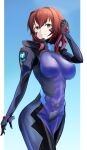  1girl blue_eyes breasts covered_navel eyebrows_behind_hair fortified_suit green_eyes hair_intakes highres looking_to_the_side looking_up medium_breasts medium_hair munakata_misae muvluv muvluv_alternative nyato open_hand pillarboxed pilot_suit redhead skin_tight solo 