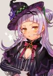  1girl bangs blunt_bangs blush breasts capelet eyebrows hankuri hat hololive long_hair murasaki_shion silver_hair small_breasts smile solo virtual_youtuber witch_hat yellow_eyes 