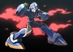  1boy android arm_cannon black_background blue_armor blurry cape closed_mouth commentary contrapposto full_body glowing green_eyes helmet highres hoshi_mikan legs_apart looking_at_viewer male_focus mega_man_(character) mega_man_(series) mega_man_x_(series) red_cape robot serious shadow simple_background solo standing weapon 