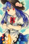  1girl black_headwear blue_hair blue_skirt blush bow bowtie breasts closed_mouth clouds cloudy_sky collared_shirt commentary_request eyebrows_visible_through_hair flaming_sword flaming_weapon frilled_skirt frills happy hat head_tilt highres hinanawi_tenshi long_hair looking_at_viewer maa_(forsythia1729) marker_(medium) peach_hat_ornament puffy_short_sleeves puffy_sleeves rainbow_order red_bow red_bowtie red_eyes shirt short_sleeves skirt sky small_breasts smile sword_of_hisou touhou traditional_media white_shirt 