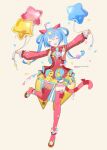  1girl ^_^ animal_ears arms_up balloon blue_hair blue_nails bow bow_legwear bowtie cat_ears cat_tail closed_eyes clothing_cutout colorful confetti dress fangs fingernails flat_chest foot_up full_body gold_trim hair_ornament hair_rings happy hatsune_miku head_tilt heiwa_(murasiho) highres horizontal_stripes jacket laughing long_hair long_sleeves open_mouth pleated_skirt pom_pom_(clothes) pom_pom_hair_ornament project_sekai puffy_long_sleeves puffy_sleeves pumps red_bow red_bowtie red_dress red_footwear red_jacket red_legwear shoes short_dress simple_background skirt solo standing standing_on_one_leg star_(symbol) star_balloon star_cutout star_hair_ornament star_print straight_hair string_of_flags striped striped_bow striped_bowtie tail tail_bow tail_ornament thigh-highs twintails twitter_username underbust vocaloid wing_collar wonderlands_x_showtime_(project_sekai) yellow_skirt zettai_ryouiki 