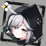  1girl ahoge arknights bangs black_border blush border brown_eyes chinese_commentary closed_mouth commentary_request eyebrows_behind_hair grey_background hood hood_up looking_at_viewer outside_border portrait short_hair silver_hair simple_background solo tomimi_(arknights) varma 
