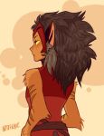  1girl artofkace belt brown_hair catra freckles fur headgear long_hair looking_away masters_of_the_universe red_headwear she-ra_and_the_princesses_of_power signature solo yellow_eyes 