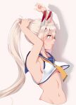  1girl 1z10 absurdres ayanami_(azur_lane) azur_lane bangs blonde_hair blush breasts cropped_torso eyebrows_visible_through_hair hair_ornament hand_in_own_hair highres long_hair looking_away medium_breasts open_mouth parted_lips ponytail red_eyes sideboob small_breasts solo twitter_username upper_body white_background 