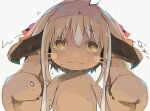  1other :3 ambiguous_gender ears_through_headwear eyebrows_visible_through_hair fake_horns furry hair_between_eyes helmet horizontal_pupils horned_helmet horns looking_at_viewer made_in_abyss megaron nanachi_(made_in_abyss) other_focus solo upper_body whiskers white_hair yellow_eyes 