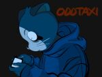  1boy black_background black_eyes blue_hoodie cat_boy cellphone closed_mouth copyright_name furry highres holding holding_phone hood hood_down hoodie long_sleeves looking_at_phone male_focus n9c4z odd_taxi phone simple_background sleeves_past_wrists smartphone solo tanaka_hajime_(odd_taxi) 