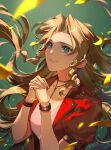  1girl aerith_gainsborough bangs bracelet brown_hair choker dress falling_petals final_fantasy final_fantasy_vii final_fantasy_vii_remake green_background green_eyes hair_down hinoe_(dd_works) jacket jewelry long_hair own_hands_clasped own_hands_together parted_bangs petals pink_dress red_jacket sidelocks solo square_enix upper_body 