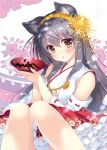  1girl :o animal_ears bare_shoulders blush breasts brown_eyes cat_ears cup detached_sleeves flower grey_hair hair_between_eyes hair_flower hair_ornament hairband haruna_(kancolle) holding holding_cup japanese_clothes kantai_collection large_breasts long_hair looking_at_viewer nontraditional_miko red_skirt sakazuki shigunyan sitting skirt solo yellow_hairband 