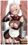  1girl absurdres apron aqua_eyes arm_rest ass_visible_through_thighs bangs black_gloves blurry blurry_background blush bow bowtie breasts closed_mouth clothing_cutout cowboy_shot cup curtains cynd detached_sleeves elbow_gloves frills garter_straps gloves hair_bow hand_up highres large_breasts looking_at_viewer maid_apron maid_headdress original pink_hair red_bow red_bowtie short_hair skindentation smile solo teacup thigh-highs thighs underboob_cutout 