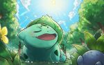  :d blush bulbasaur claws closed_eyes clouds commentary_request day fangs flower grass no_humans oddish open_mouth outdoors pkpokopoko3 pokemon pokemon_(creature) sky smile sun tongue tree yellow_flower 