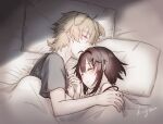  1boy 1girl 9kugai :o ahoge animal_ears arknights bangs bed_sheet black_hair blanket blonde_hair blunt_bangs blush brother_and_sister dog_boy dog_ears hair_intakes la_pluma_(arknights) parted_lips pillow shirt short_hair siblings sleeping t-shirt tequila_(arknights) thick_eyebrows 