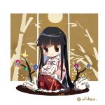  1girl artist_name bamboo black_eyes black_hair blush_stickers bow bowtie branch chibi closed_mouth commentary eyebrows_visible_through_hair frilled_skirt frilled_sleeves frills full_body heartfelt-fancy_(artist) highres hime_cut houraisan_kaguya jeweled_branch_of_hourai long_hair long_sleeves looking_at_animal on_lap one-hour_drawing_challenge petting pink_shirt rabbit red_skirt shirt sitting skirt smile solo touhou very_long_hair white_bow white_bowtie wide_sleeves 