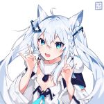  1girl :d alternate_hairstyle animal_ear_fluff animal_ears bangs blue_eyes braid double_fox_shadow_puppet fox_ears fox_shadow_puppet fur_trim hair_between_eyes hair_ornament hands_up hayate_fish highres hololive jacket long_hair long_sleeves looking_at_viewer shirakami_fubuki simple_background smile solo twintails upper_body virtual_youtuber white_background white_hair white_jacket 