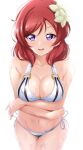  1girl :d arms_under_breasts bikini breasts cutie_panther eyebrows_visible_through_hair flower hair_flower hair_ornament highres kirisaki_reina looking_at_viewer love_live! love_live!_school_idol_project medium_breasts medium_hair navel nishikino_maki open_mouth redhead shiny shiny_hair shiny_skin side-tie_bikini simple_background smile solo standing striped striped_bikini swimsuit two-tone_bikini vertical-striped_bikini vertical_stripes violet_eyes wet white_background white_bikini 