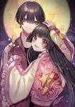  1boy 1girl bangs black_hair blunt_bangs blurry blurry_background branch character_name closed_mouth eyelashes frilled_sleeves frills full_moon hand_on_another&#039;s_head highres holding houraisan_kaguya japanese_clothes jeweled_branch_of_hourai kimono kyouda_suzuka long_hair long_sleeves looking_at_viewer moon night open_mouth pink_kimono red_eyes smile teeth touhou twitter_username upper_teeth wide_sleeves 