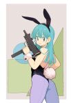 1girl absurdres animal_ears ass bangs bare_shoulders black_leotard blue_eyes blue_hair breasts bulma commentary_request detached_collar dragon_ball dragon_ball_(classic) fake_animal_ears from_behind gun highres holding holding_gun holding_weapon leotard looking_to_the_side medium_breasts pantyhose playboy_bunny purple_legwear rabbit_ears rabbit_tail rokoido12 smile solo strapless strapless_leotard tail weapon wrist_cuffs 