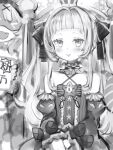  1girl bangs bare_shoulders brooch choker criss-cross_halter crown detached_sleeves dress frilled_choker frills greyscale hair_ribbon halter_dress halterneck highres hololive jewelry long_hair looking_at_viewer monochrome murasaki_shion nanashi_(nlo) ribbon sitting solo star_brooch tongue tongue_out virtual_youtuber 