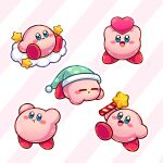  5boys blue_eyes blush_stickers clouds commentary english_commentary full_body hat highres holding hylianruto jumping kirby kirby:_right_back_at_ya kirby_(series) lying multiple_boys nintendo no_humans on_stomach open_mouth running simple_background sitting sleeping smile standing star_(symbol) 