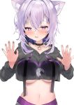  1girl animal_ear_fluff animal_ears black_choker black_hoodie blush breast_press breasts cat_ears choker cropped_hoodie highres hololive hood hoodie large_breasts long_sleeves masi_masio navel nekomata_okayu open_mouth purple_hair simple_background smile solo stomach teeth under_boob upper_teeth violet_eyes virtual_youtuber white_background 