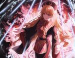  1girl ap5ry aura bangs blonde_hair blush breasts brown_sash chinese_clothes commentary_request energy eyes_visible_through_hair fox_print fox_tail gold_trim hair_between_eyes highres junko_(touhou) large_breasts long_hair long_sleeves looking_at_viewer multiple_tails neck_ribbon obi outstretched_arms parted_lips phoenix_crown print_tabard ribbon sash smile solo standing tabard tail tassel touhou wide_sleeves yellow_eyes yellow_ribbon 