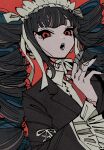  1girl :o alternate_hair_color bangs black_hair black_jacket black_nails bonnet celestia_ludenberg claw_ring colored_inner_hair danganronpa:_trigger_happy_havoc danganronpa_(series) drill_hair frills from_below giya_(giyadaro) gothic_lolita green_hair hand_up highres jacket lolita_fashion long_hair looking_at_viewer multicolored_hair nail_polish necktie red_background red_eyes red_necktie solo teeth twin_drills twintails two-tone_hair upper_body 