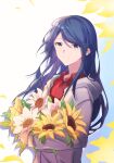  1girl bangs black_hair bouquet closed_mouth collared_shirt dot_nose eyebrows_visible_through_hair flat_chest flower grey_eyes grey_jacket happy hibioes holding holding_bouquet hood hood_down hooded_jacket hoshino_ichika_(project_sekai) jacket leaf leo/need_(project_sekai) light_blue_background light_blush light_smile long_hair petals project_sekai red_shirt shirt simple_background sleeves_past_wrists solo sunflower swept_bangs tsurime two-tone_background white_background white_flower yellow_flower 
