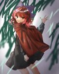  1girl bangs blurry bow cape dark depth_of_field expressionless eyebrows_visible_through_hair feet_out_of_frame hair_bow high_collar highres long_sleeves looking_at_viewer miniskirt nanataru10 outdoors red_eyes redhead sekibanki serious short_hair skirt solo standing touhou 