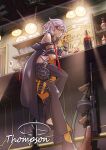  1girl alcohol bangs black_pants bottle character_name cigarette closed_mouth eyebrows_visible_through_hair from_below full_body girls_frontline glasses gun headphones headphones_around_neck highres holding holding_cigarette looking_at_viewer pants red_eyes redz short_hair silver_hair sitting solo submachine_gun sunglasses tavern thompson_(girls&#039;_frontline) thompson_submachine_gun weapon 