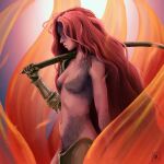 1girl artist_request breasts closed_mouth completely_nude elden_ring from_side highres long_hair malenia_blade_of_miquella malenia_goddess_of_rot navel nude over_shoulder profile redhead signature small_breasts solo source_request very_long_hair weapon weapon_over_shoulder 