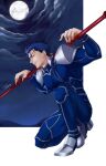  1boy abs armor beads blue_bodysuit blue_hair bodysuit cu_chulainn_(fate) cu_chulainn_(fate/stay_night) earrings fate/stay_night fate_(series) gae_bolg_(fate) grin hair_beads hair_ornament highres jewelry kneeling long_hair looking_at_viewer male_focus moon muscular muscular_male night night_sky pauldrons ponytail red_eyes shoulder_armor skin_tight sky smile solo spiky_hair terra_ekm 
