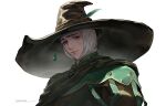  1boy brown_headwear closed_mouth elden_ring green_eyes hat hat_feather highres looking_at_viewer male_focus ruint signature simple_background smile solo sorcerer_rogier upper_body white_background 