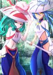  2girls absurdres asaki_618 blue_hair dark-skinned_female dark_skin elephant eyeliner fate/grand_order fate_(series) forest gloves green_eyes green_hair hair_between_eyes hat highres long_hair long_sleeves makeup multicolored_hair multiple_girls nature navel ponytail siblings sidelocks single_sleeve sisters smile trung_nhi_(fate) trung_trac_(fate) wavy_hair white_headwear yellow_eyes 